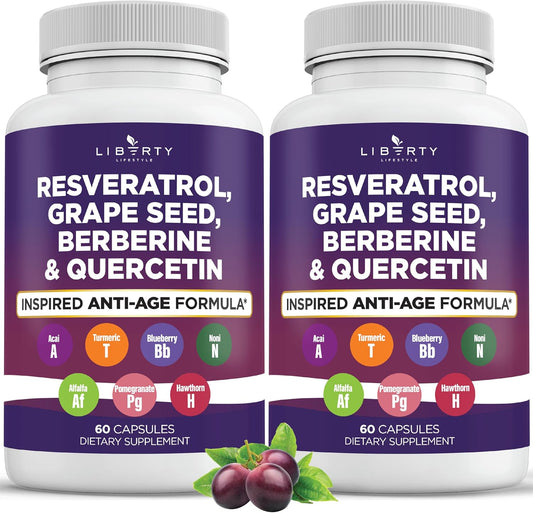 Resveratrol, Berberine, Grape Seed Extract, Quercetin Supplement with Noni Extract for Women and Men - 2-Pack