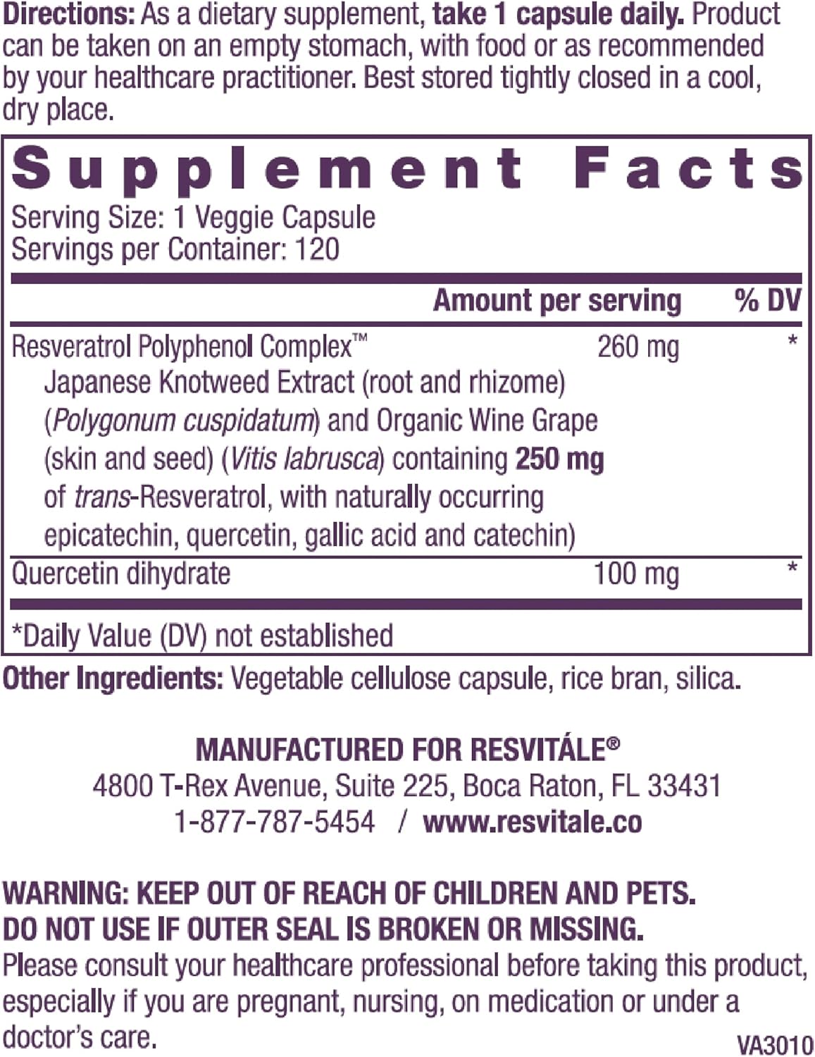 ResVitale Resveratrol 250mg Capsules - Natural Resveratrol Supplement for Men and Women - 120 Vegetarian Capsules