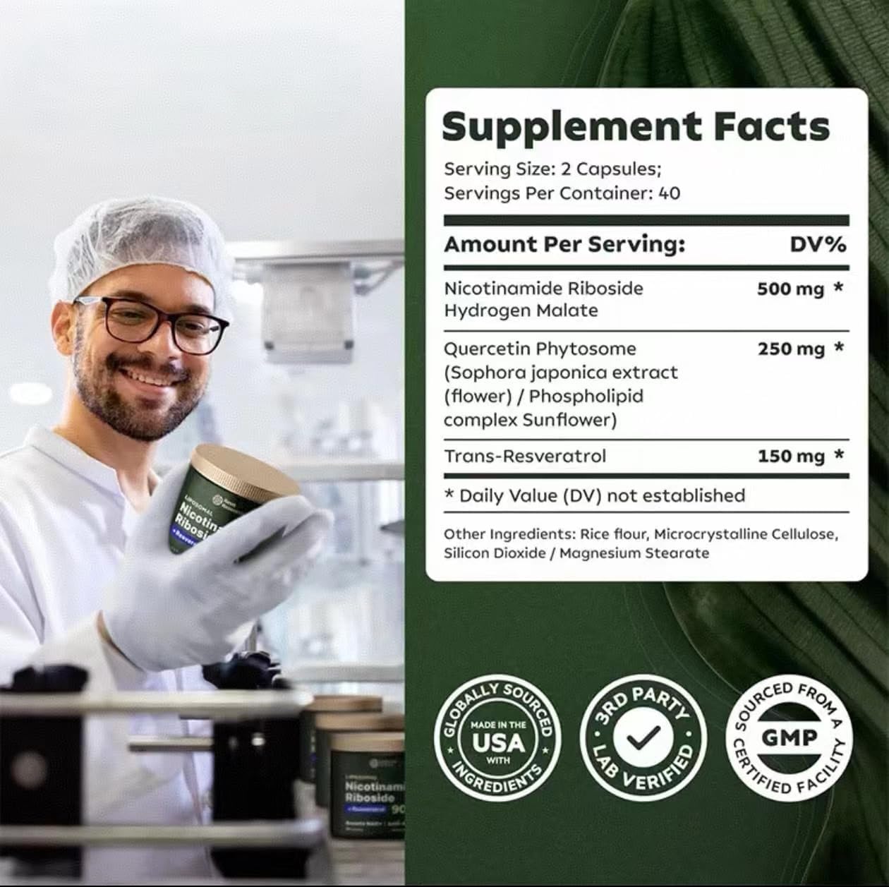 Reus Research Liposomal NAD Supplement with NR, Resveratrol, Quercetin - High Purity Anti-Aging Energy Focus - 80 Doses