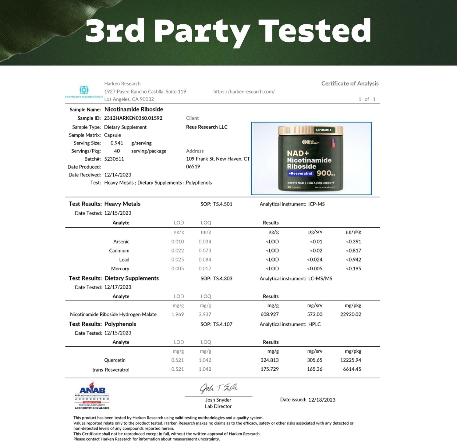 Reus Research Liposomal NAD Supplement with NR, Resveratrol, Quercetin - High Purity Anti-Aging Energy Focus - 80 Doses