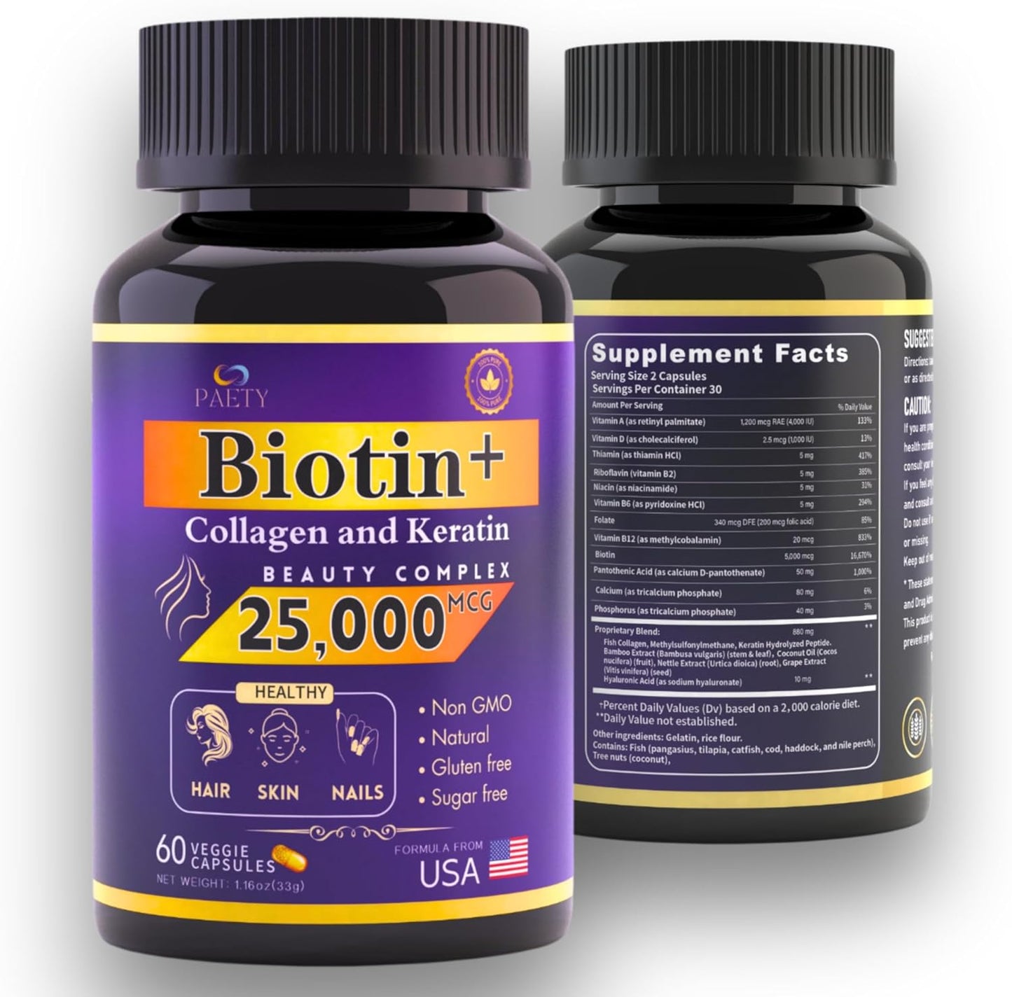 Revitalize Beauty with PAETY Biotin, Collagen, and Keratin Complex - 25,000mcg with Hyaluronic Acid - 60 Capsules