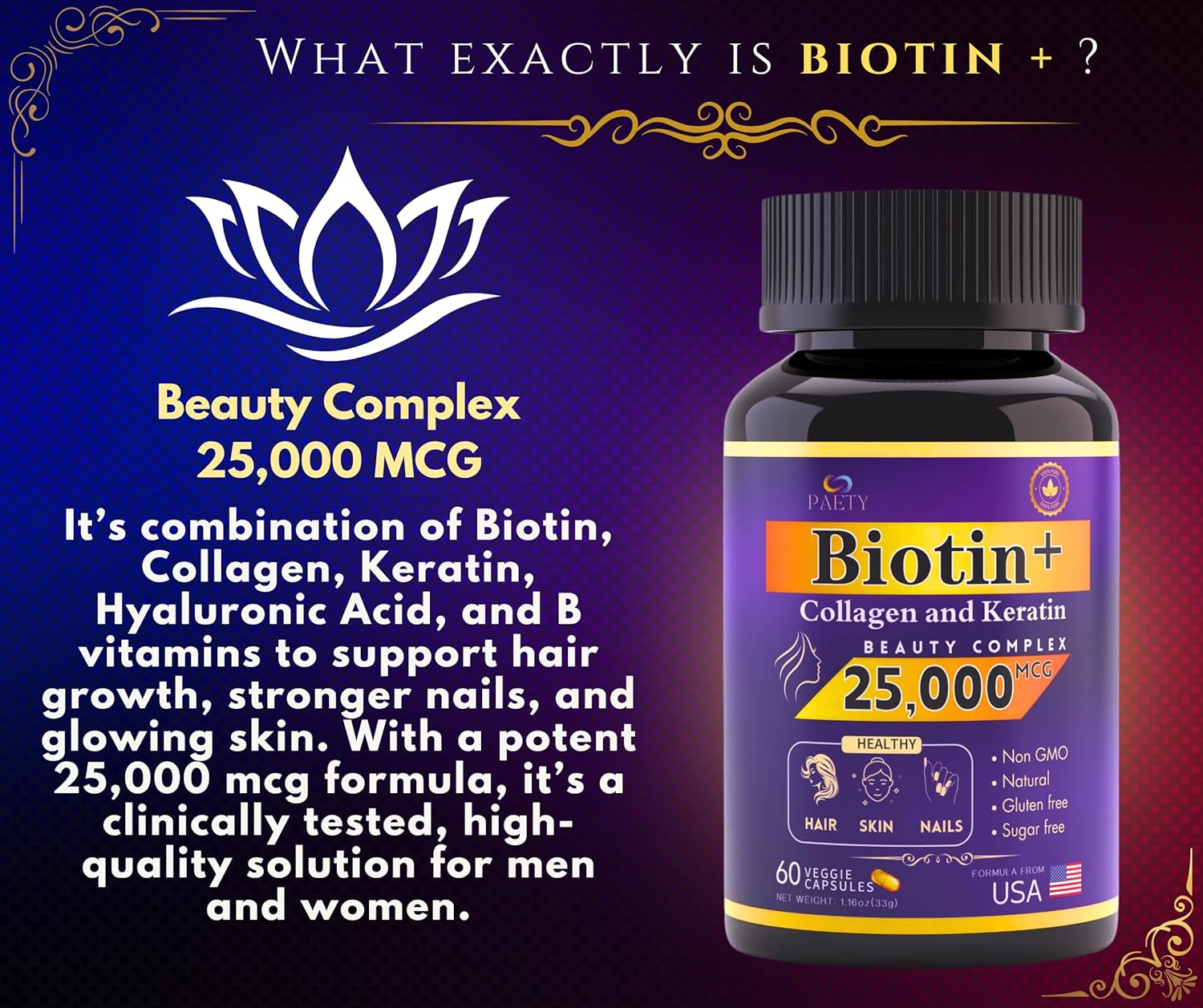Revitalize Beauty with PAETY Biotin, Collagen, and Keratin Complex - 25,000mcg with Hyaluronic Acid - 60 Capsules