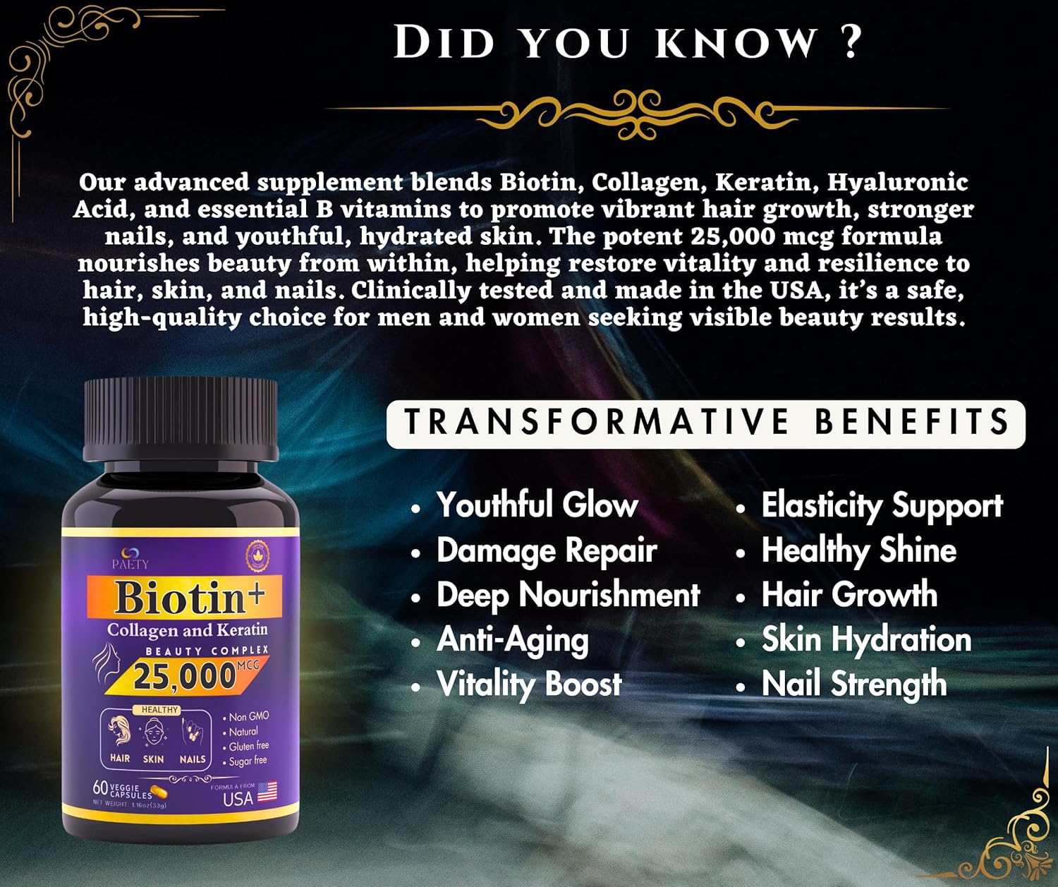 Revitalize Beauty with PAETY Biotin, Collagen, and Keratin Complex - 25,000mcg with Hyaluronic Acid - 60 Capsules