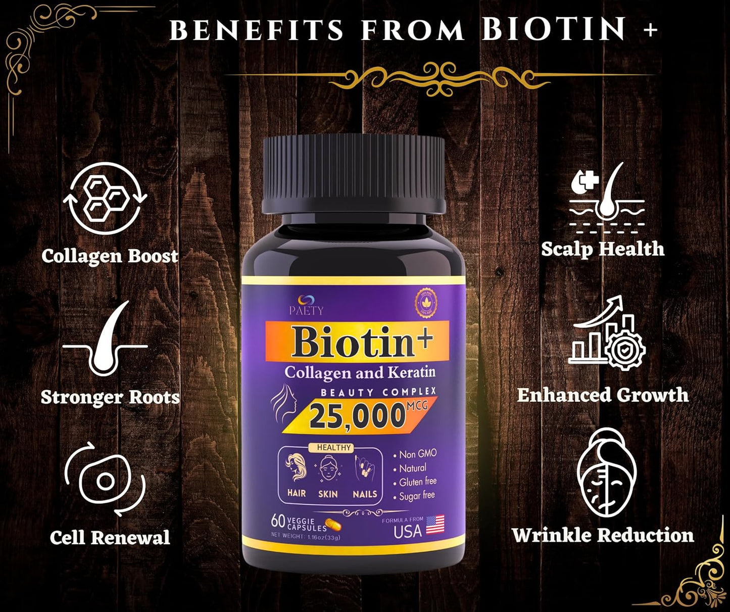 Revitalize Beauty with PAETY Biotin, Collagen, and Keratin Complex - 25,000mcg with Hyaluronic Acid - 60 Capsules