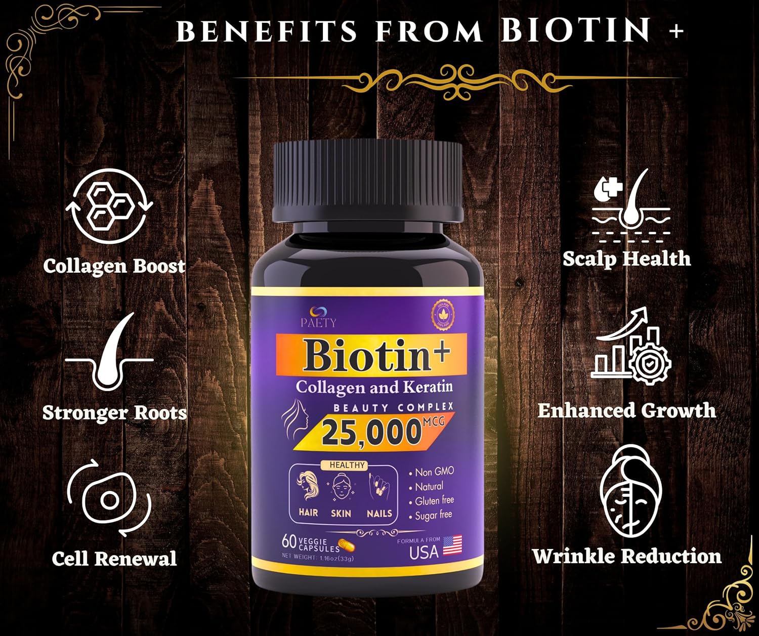 Revitalize Beauty with PAETY Biotin, Collagen, and Keratin Complex - 25,000mcg with Hyaluronic Acid - 60 Capsules