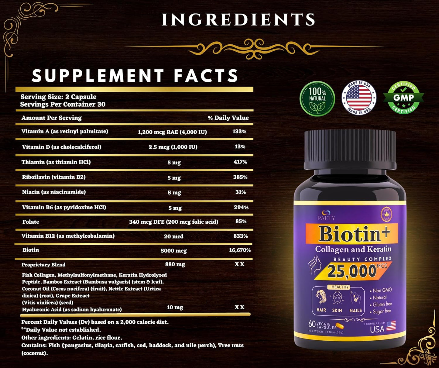 Revitalize Beauty with PAETY Biotin, Collagen, and Keratin Complex - 25,000mcg with Hyaluronic Acid - 60 Capsules