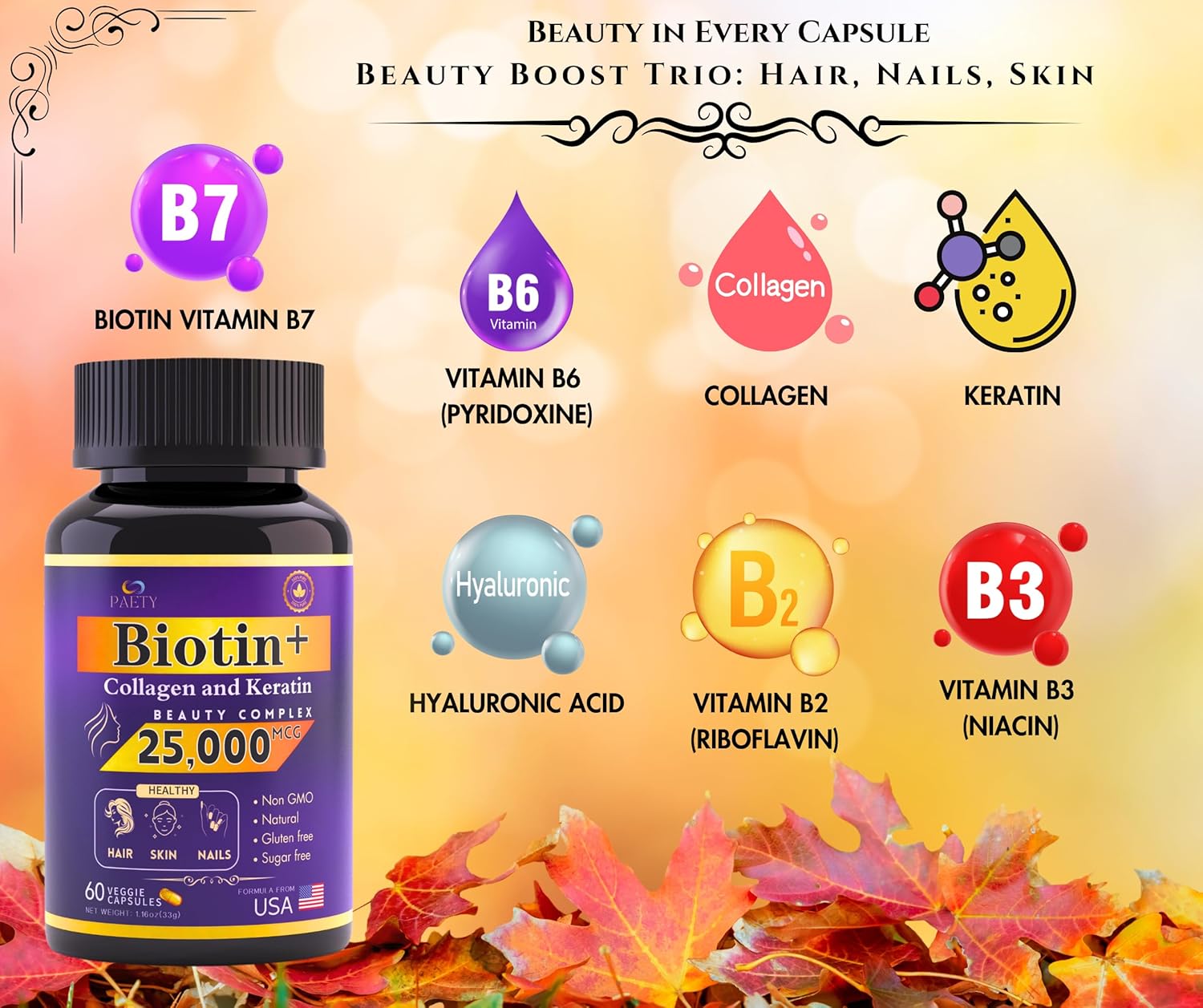 Revitalize Beauty with PAETY Biotin, Collagen, and Keratin Complex - 25,000mcg with Hyaluronic Acid - 60 Capsules