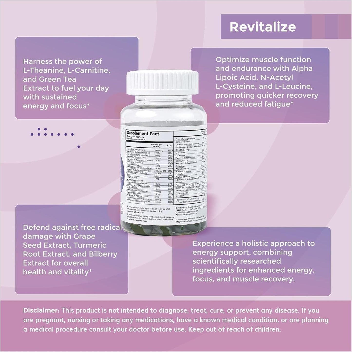 Revitalize Energy Boost and Muscle Support Supplement - Enhances Energy Levels with Vitamins, Minerals, Green Tea, Turmeric Root, Amino Acids & More