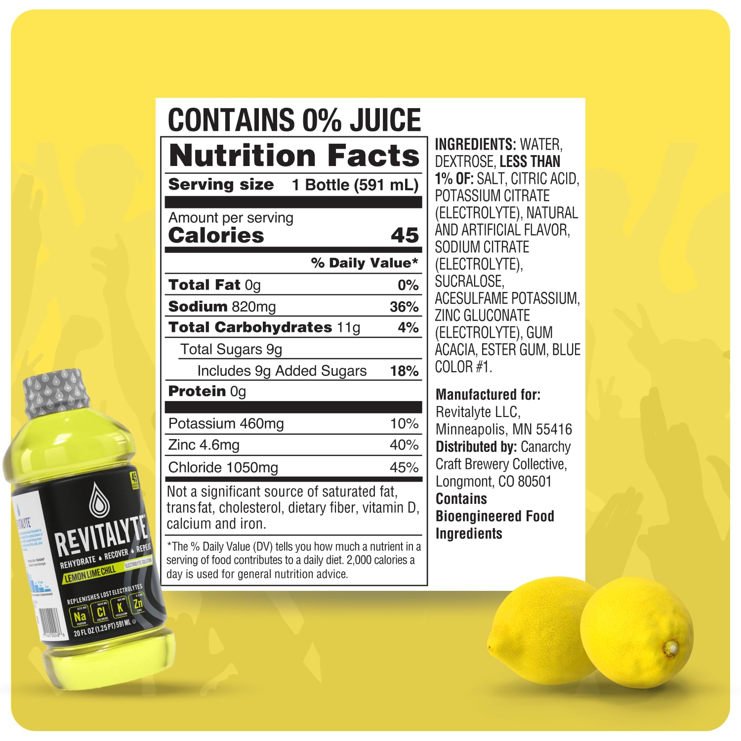 Revitalyte Black Label Lemon Lime Chill Electrolyte Drink 12 Pack 20 oz Bottle Rapid Hydration Recovery Drink