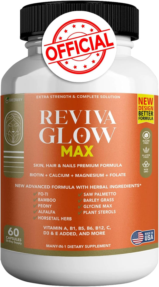Reviva Glow Max Supplement - Hair, Skin, Nails Support with Biotin, Calcium, Magnesium, Folate | 60 Capsules Vegan Gluten-Free