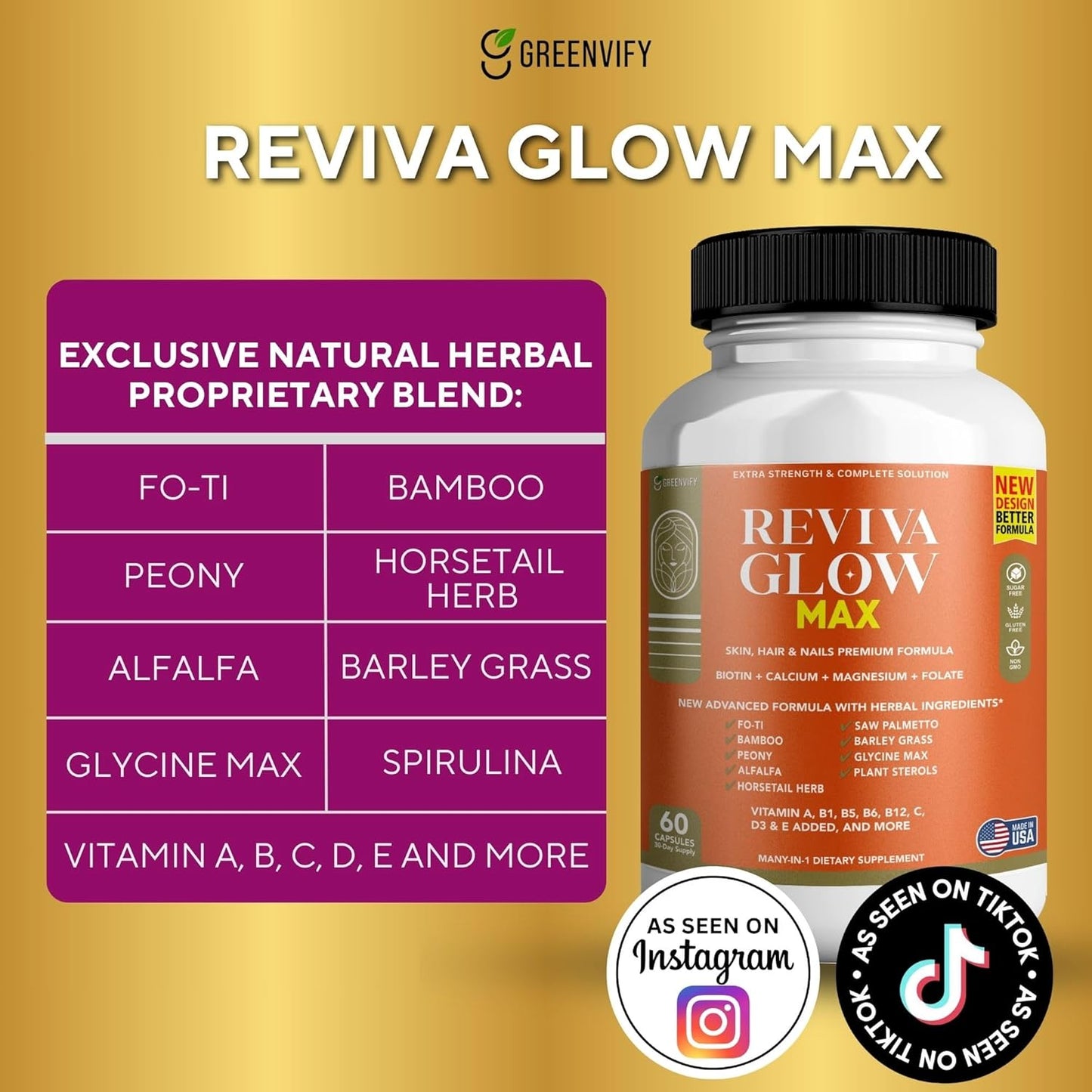 Reviva Glow Max Supplement - Hair, Skin, Nails Support with Biotin, Calcium, Magnesium, Folate | 60 Capsules Vegan Gluten-Free