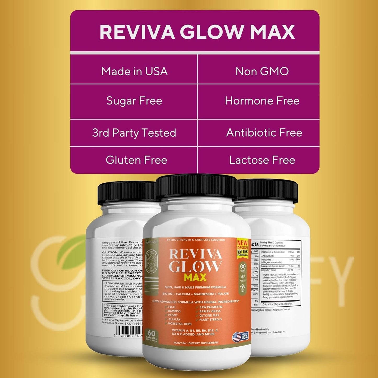 Reviva Glow Max Supplement - Hair, Skin, Nails Support with Biotin, Calcium, Magnesium, Folate | 60 Capsules Vegan Gluten-Free