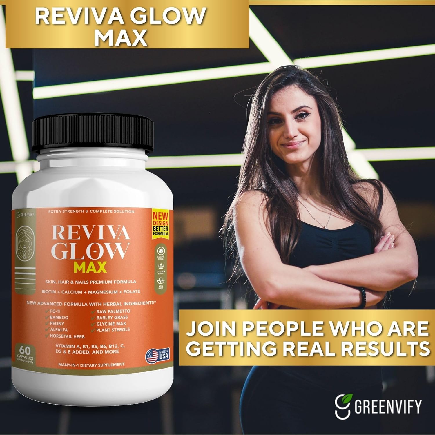 Reviva Glow Max Supplement - Hair, Skin, Nails Support with Biotin, Calcium, Magnesium, Folate | 60 Capsules Vegan Gluten-Free