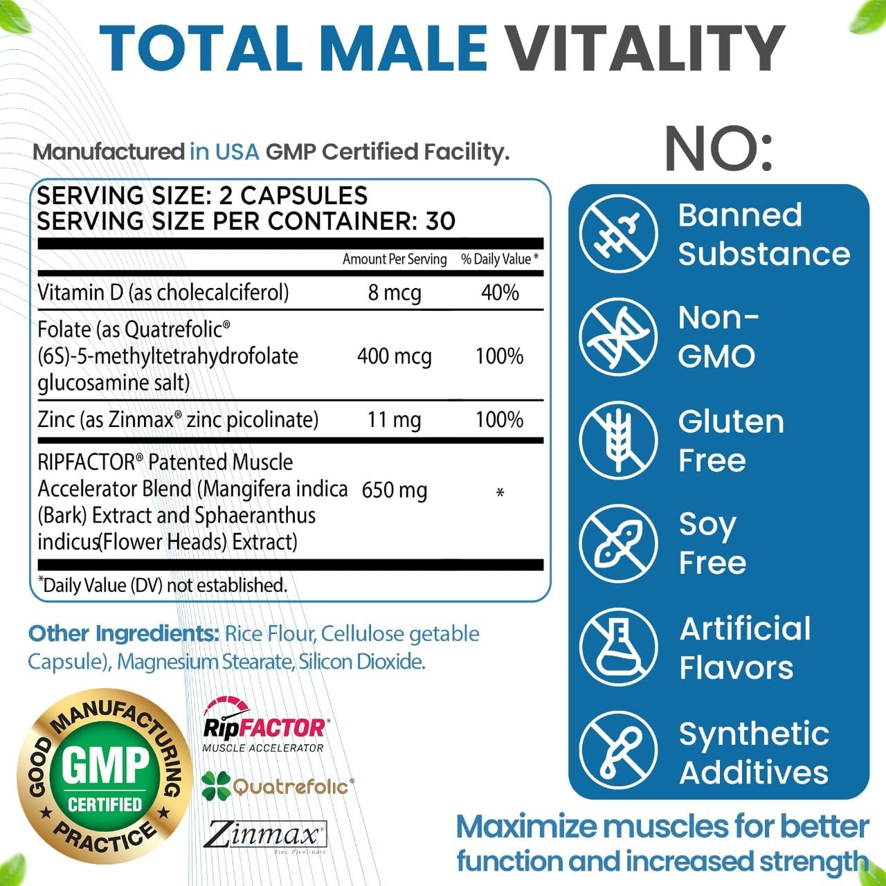 Revival Point Men's Muscle Building Supplement with RipFactor, Zinc, Vitamin D3, Folate - Natural Energy & Muscle Builder - 180 Tablets