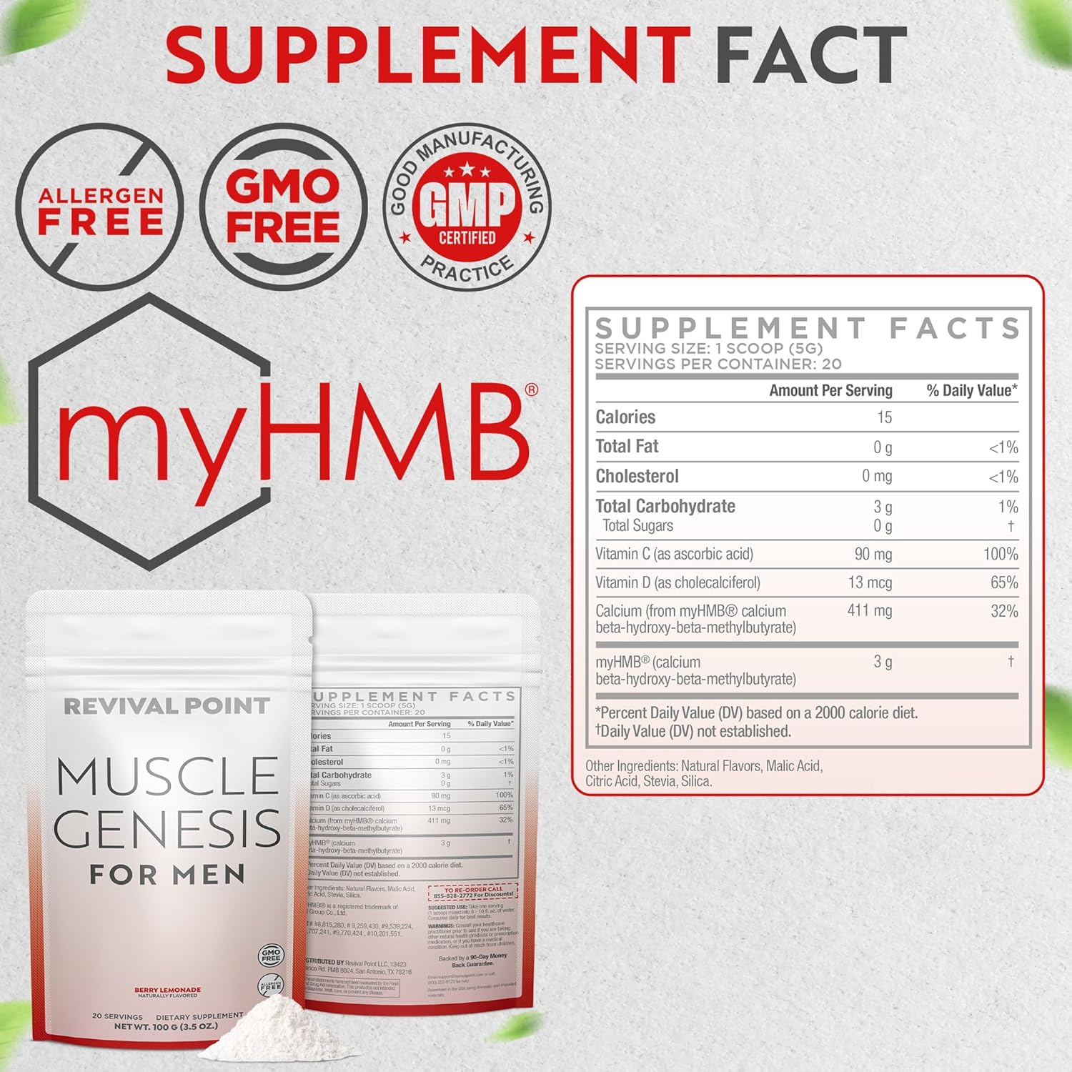 Revival Point Muscle Genesis HMB and Vitamin D3 Supplement - 5000mg Per Serving - Promotes Recovery and Lean Muscle Mass - 6 Bag Pack