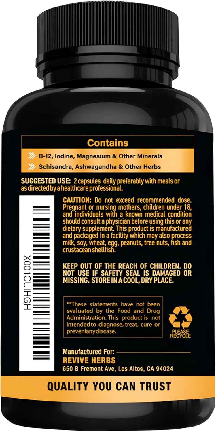 Revive Herbs Thyroid Support Capsules: Ashwagandha, Iodine, Selenium, Magnesium, Zinc, Vitamin B12 & More - 60 Count