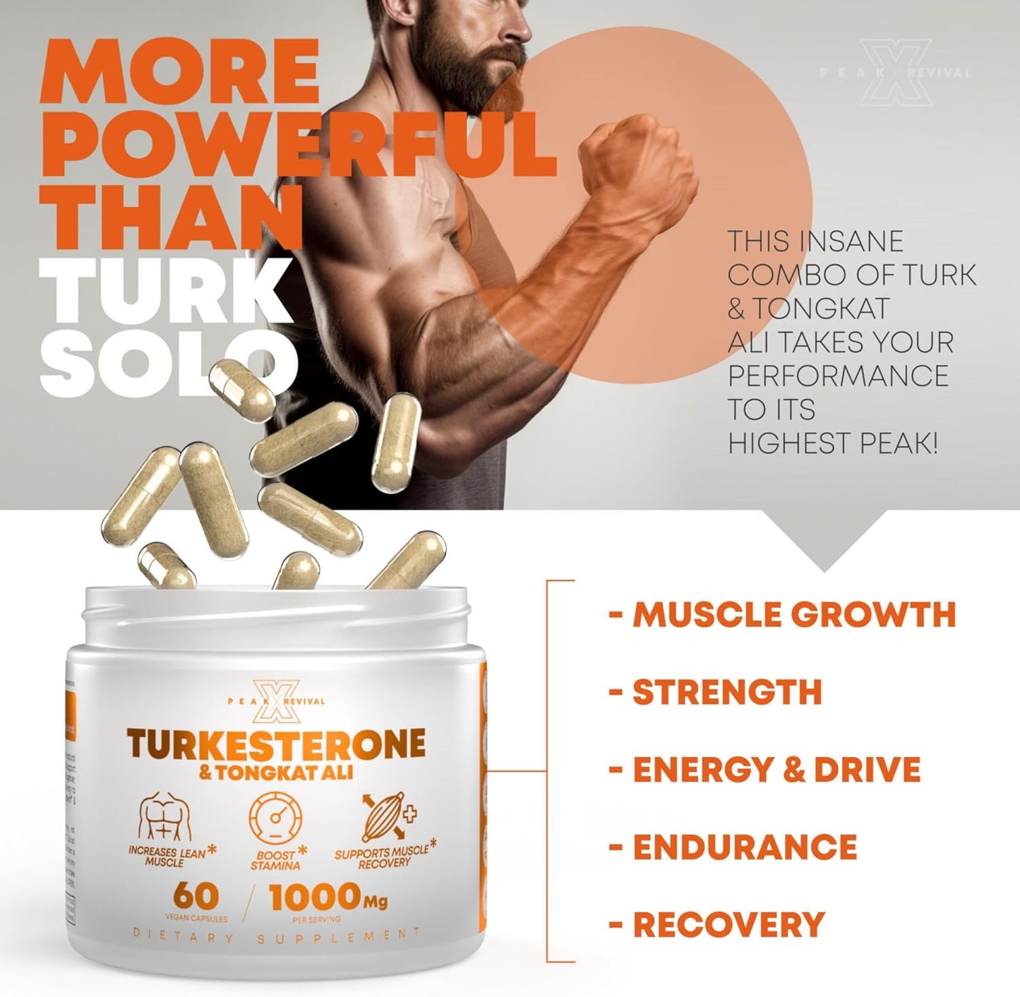 ReviveX Turkesterone & Tongkat Ali Supplement - 1000mg Blend for Stamina, Muscle Growth, and Recovery - Made in USA - 60 Capsules