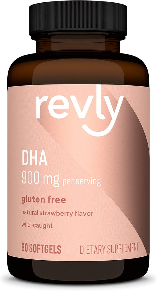 Revly Adult DHA Omega 3 Fatty Acids Softgels, Natural Strawberry Flavor, 900mg per Serving, 60 Count