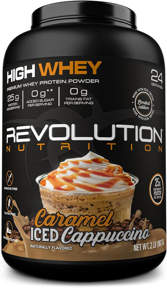 Revolution Nutrition High Whey Isolate Protein Powder - Caramel Iced Cappuccino Flavor - Gluten-Free - 25g Protein Per Scoop - 908g - 24 Servings - Lean Muscle Mass Builder for Men & Women