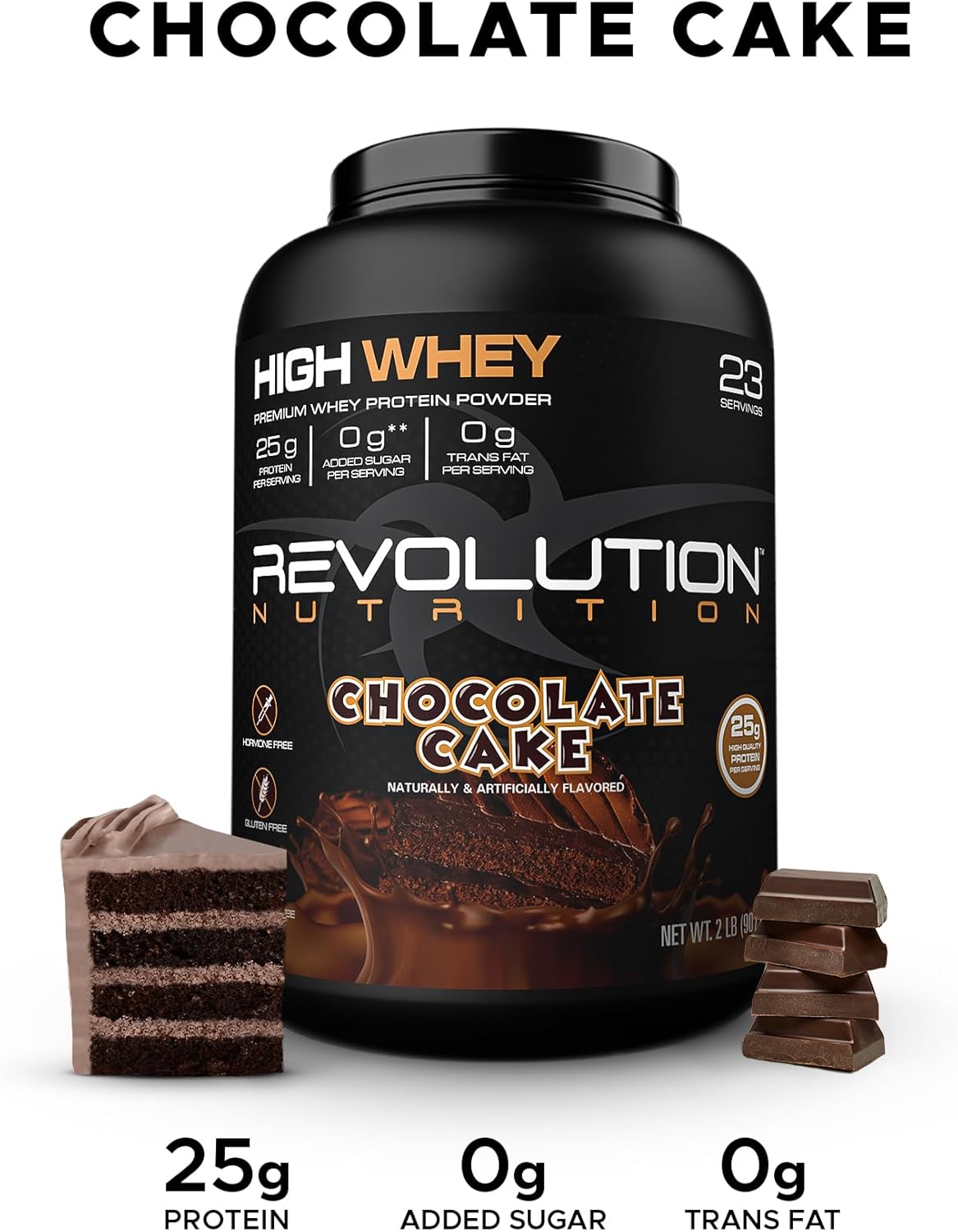 Revolution Nutrition High Whey Isolate Protein Powder - Gluten Free, Lean Muscle Mass Builder - Chocolate Cake Flavor - 25g Protein Per Scoop - 908g - 24 Servings - Men & Women