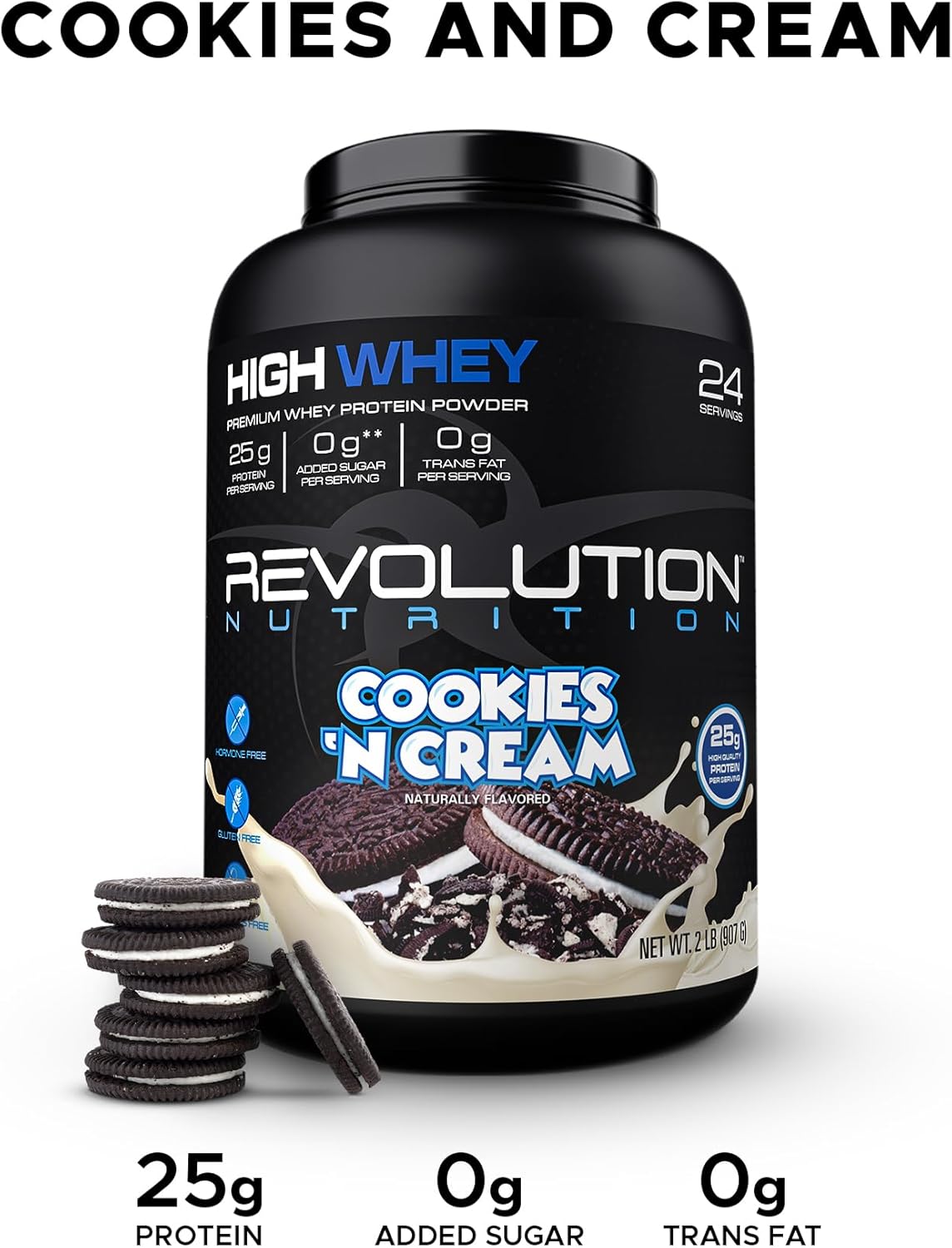 Revolution Nutrition High Whey Isolate Protein Powder, Gluten Free, Lean Muscle Mass Builder for Men & Women, 25g Protein, 908g, 24 Servings - Cookies & Cream Flavor
