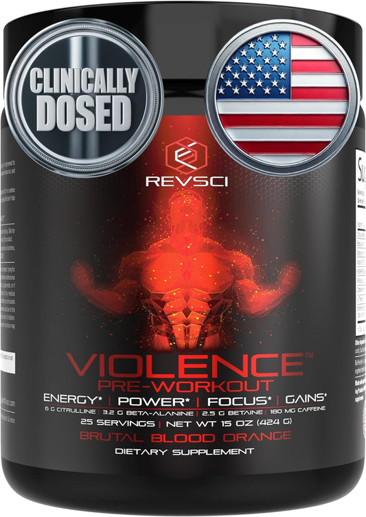 Revolution Science Violence Pre Workout Powder - Clinically Dosed Preworkout for Men & Women - 25 Servings, Blood Orange Flavor - Enhanced Energy, Focus, and Pump with Caffeine, L-Theanine, Citrulline Malate, Beta Alanine, and Alpha GPC