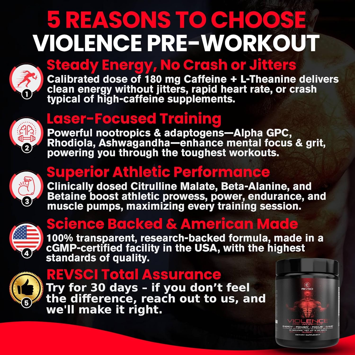 Revolution Science Violence Pre Workout Powder - Clinically Dosed Preworkout for Men & Women - 25 Servings, Blood Orange Flavor - Enhanced Energy, Focus, and Pump with Caffeine, L-Theanine, Citrulline Malate, Beta Alanine, and Alpha GPC