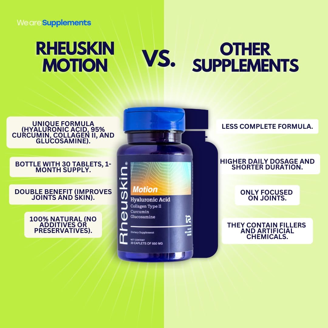 Rheuskin Motion Capsules - Hyaluronic Acid, Collagen, Curcumin, Glucosamine - 30 Caplets, 850mg - Joint Comfort & Mobility Support