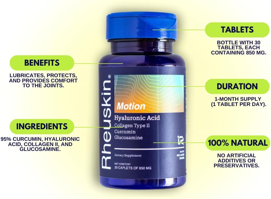 Rheuskin Motion Capsules - Hyaluronic Acid, Collagen, Curcumin, Glucosamine - 30 Caplets, 850mg - Joint Comfort & Mobility Support