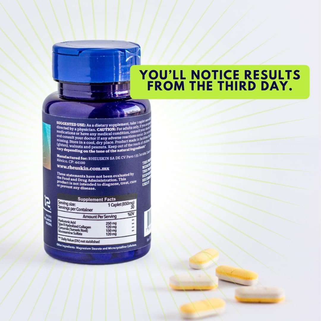 Rheuskin Motion Capsules - Hyaluronic Acid, Collagen, Curcumin, Glucosamine - 30 Caplets, 850mg - Joint Comfort & Mobility Support