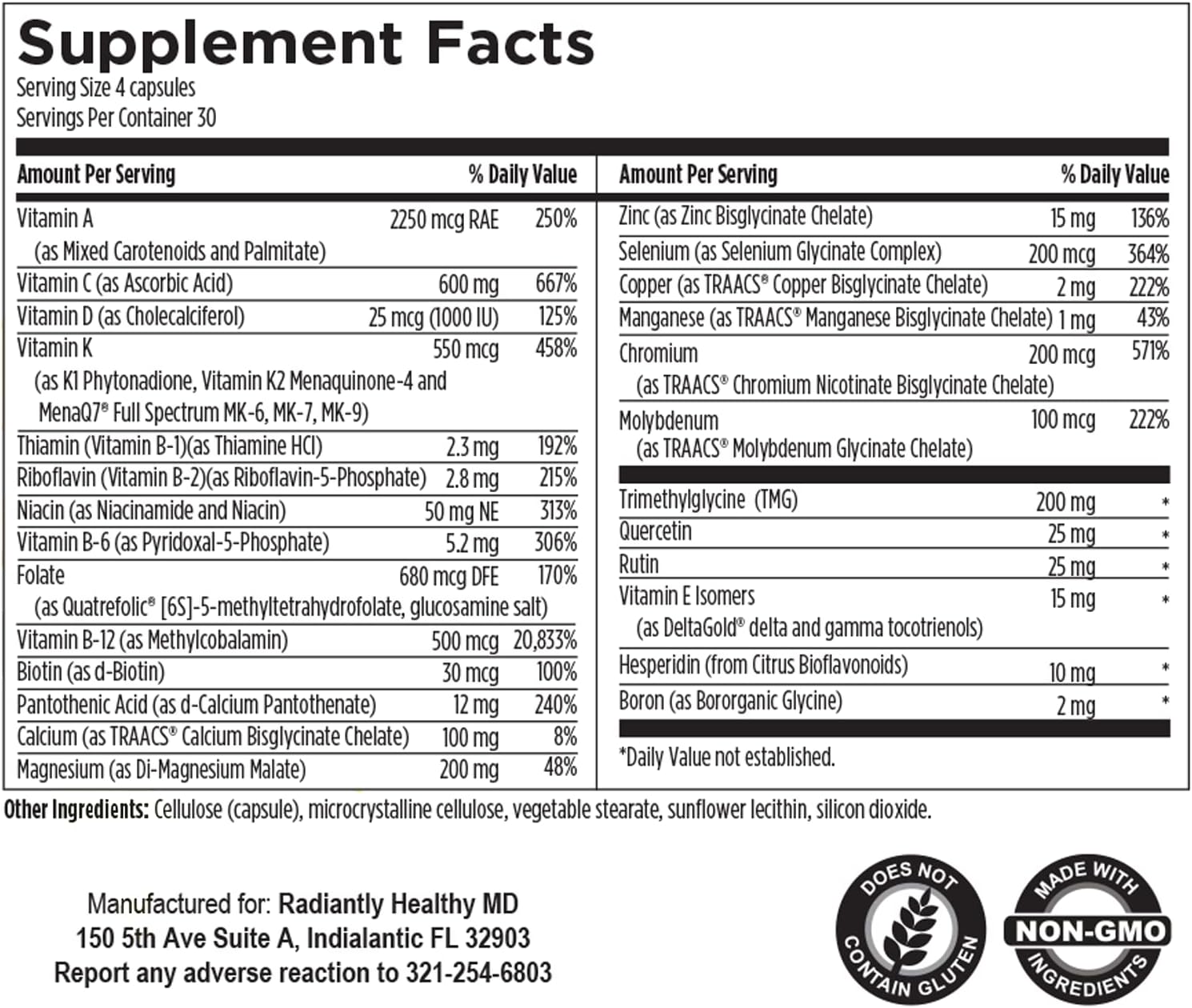 RHMD Wellness Radiantly Healthy Multivitamin & Mineral Supplement (120 Capsules) - Iron-Free Formula with Folate for Overall Health
