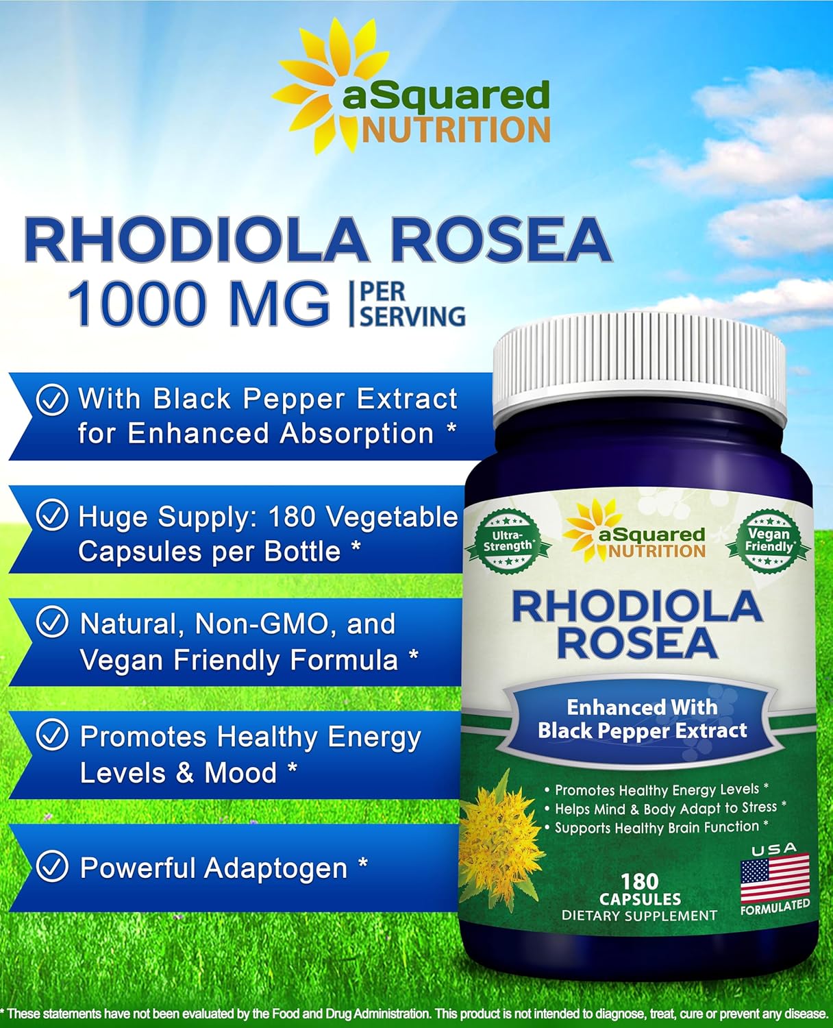 Rhodiola Rosea Max Strength Supplement with Black Pepper - 180 Capsules for Stress Relief, Mood, Focus & Energy - 500mg