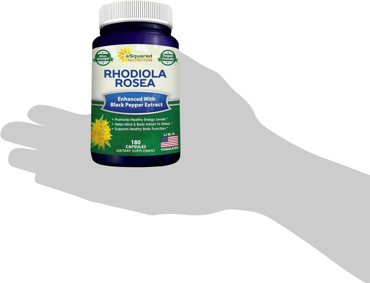 Rhodiola Rosea Max Strength Supplement with Black Pepper - 180 Capsules for Stress Relief, Mood, Focus & Energy - 500mg