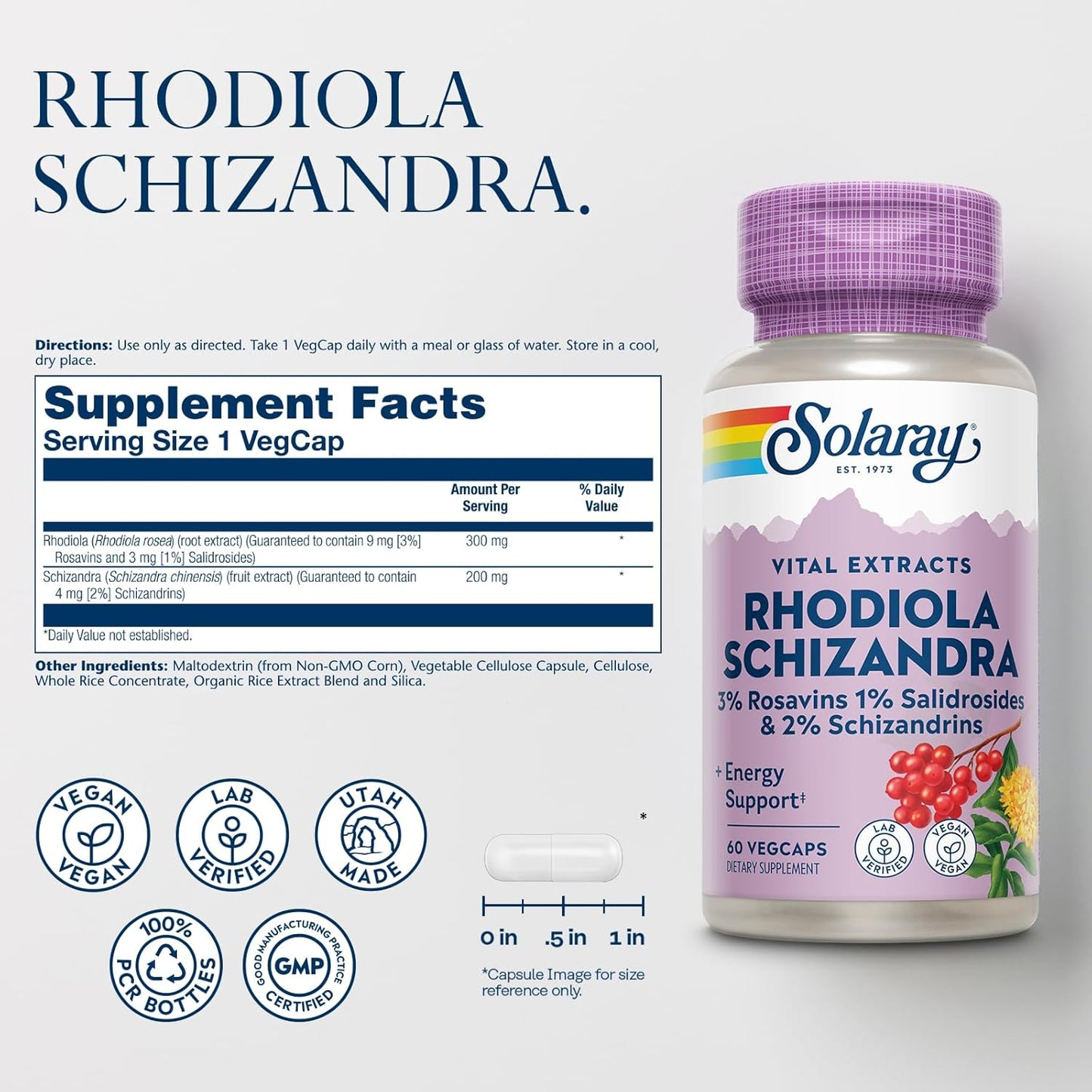 Rhodiola Rosea Schizandra Extract Vegan Supplement for Energy Support and Stress Relief - Lab Verified - 60-Day Guarantee - 60 VegCaps