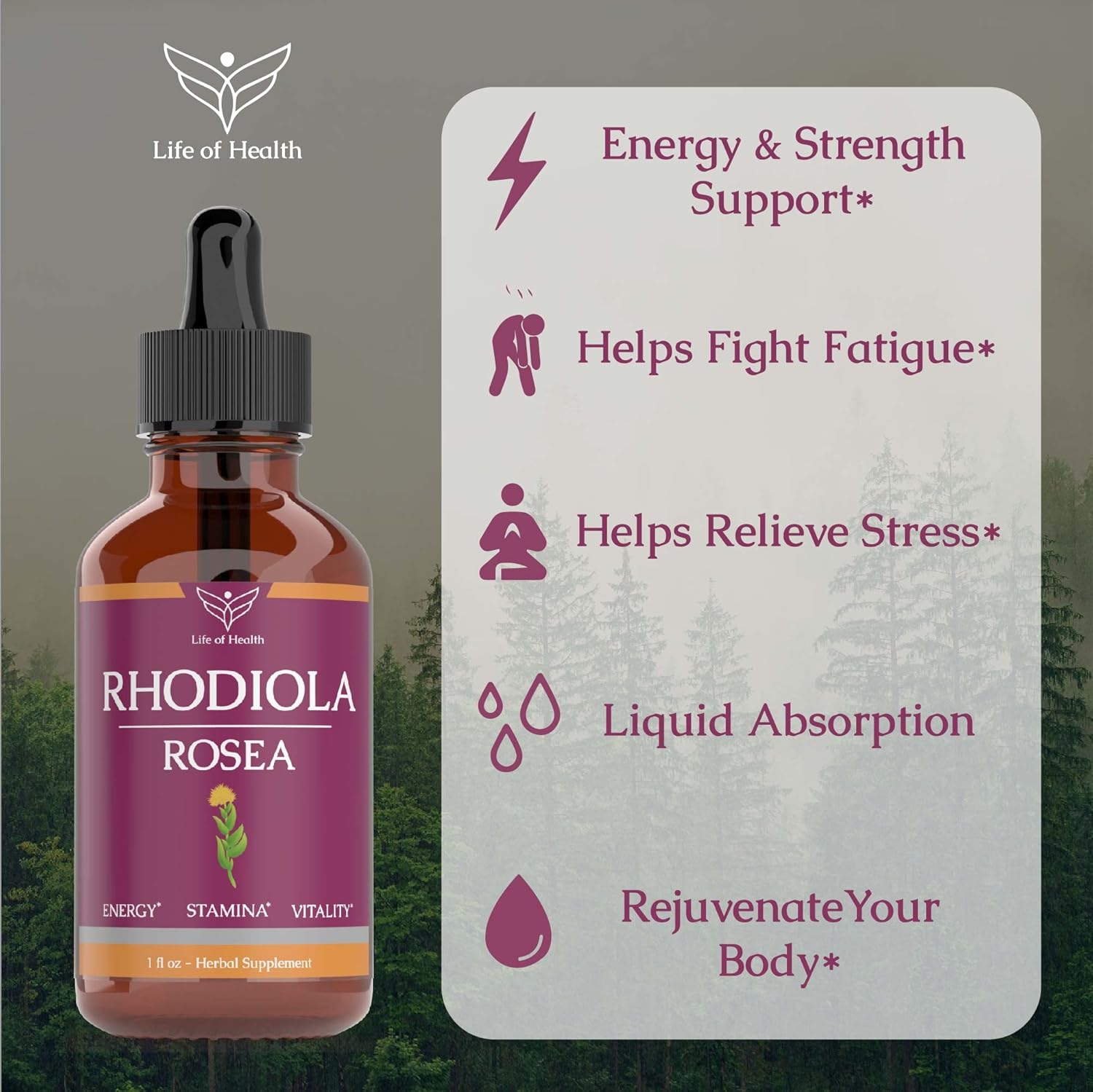 Rhodiola Rosea Tincture for Energy, Stamina, Cognitive Support - Natural Rhodiola Extract Supplement for Wellness - 2 oz
