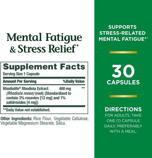 Rhodiola Supplement for Stress Relief and Mental Fatigue - 400mg Capsules (30 Count) by Nature's Bounty