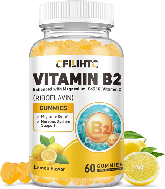 Riboflavin 400mg Gummies with Magnesium, CoQ10, and Vitamin C - Lemon Flavored Chewables for Migraine Relief and Nervous System Support, 60 Count
