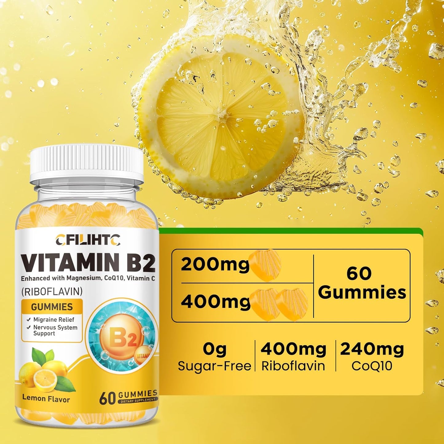 Riboflavin 400mg Gummies with Magnesium, CoQ10, and Vitamin C - Lemon Flavored Chewables for Migraine Relief and Nervous System Support, 60 Count