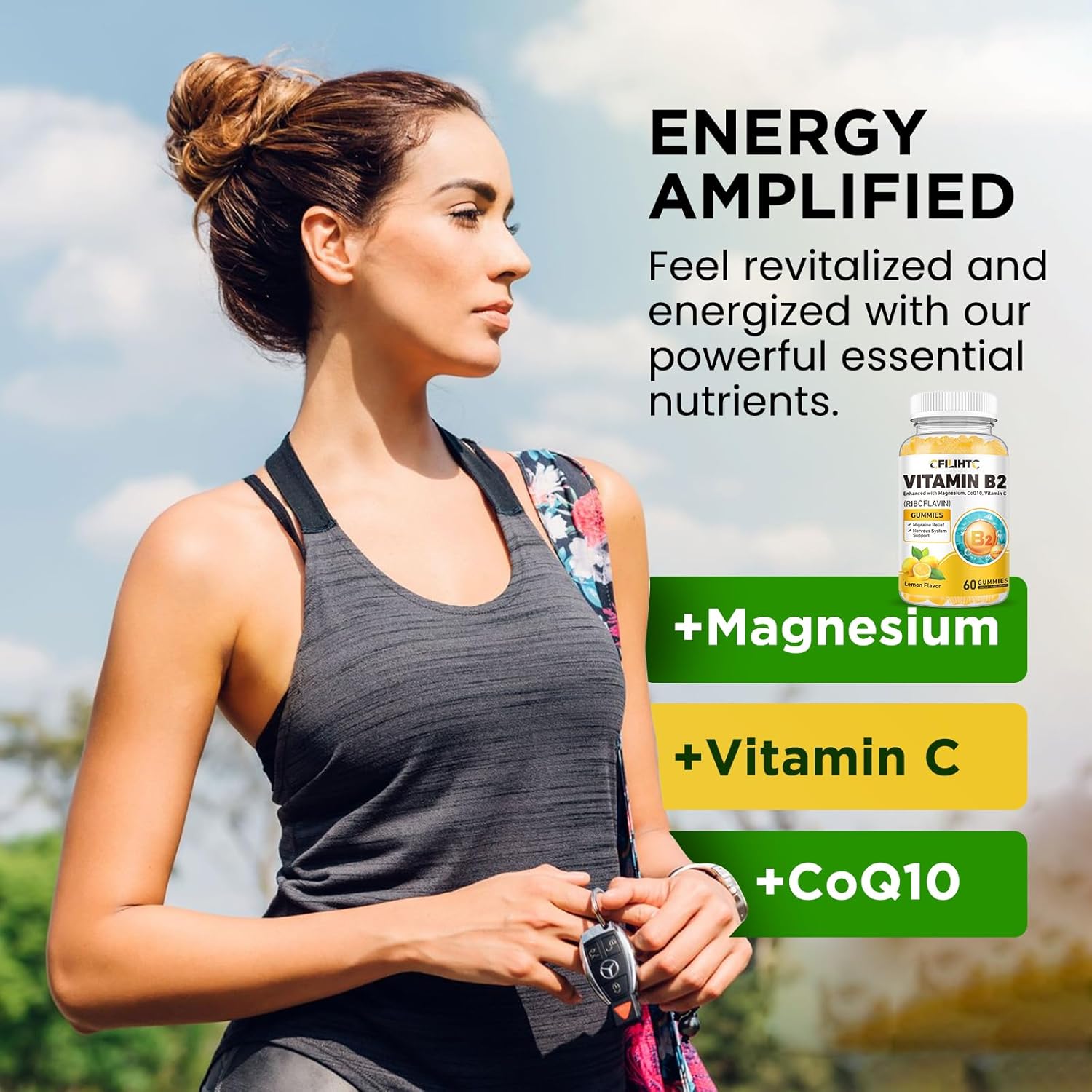Riboflavin 400mg Gummies with Magnesium, CoQ10, and Vitamin C - Lemon Flavored Chewables for Migraine Relief and Nervous System Support, 60 Count