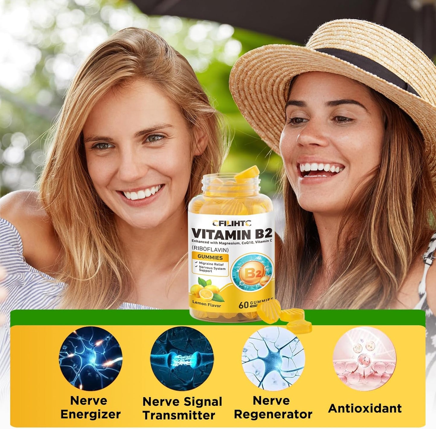 Riboflavin 400mg Gummies with Magnesium, CoQ10, and Vitamin C - Lemon Flavored Chewables for Migraine Relief and Nervous System Support, 60 Count