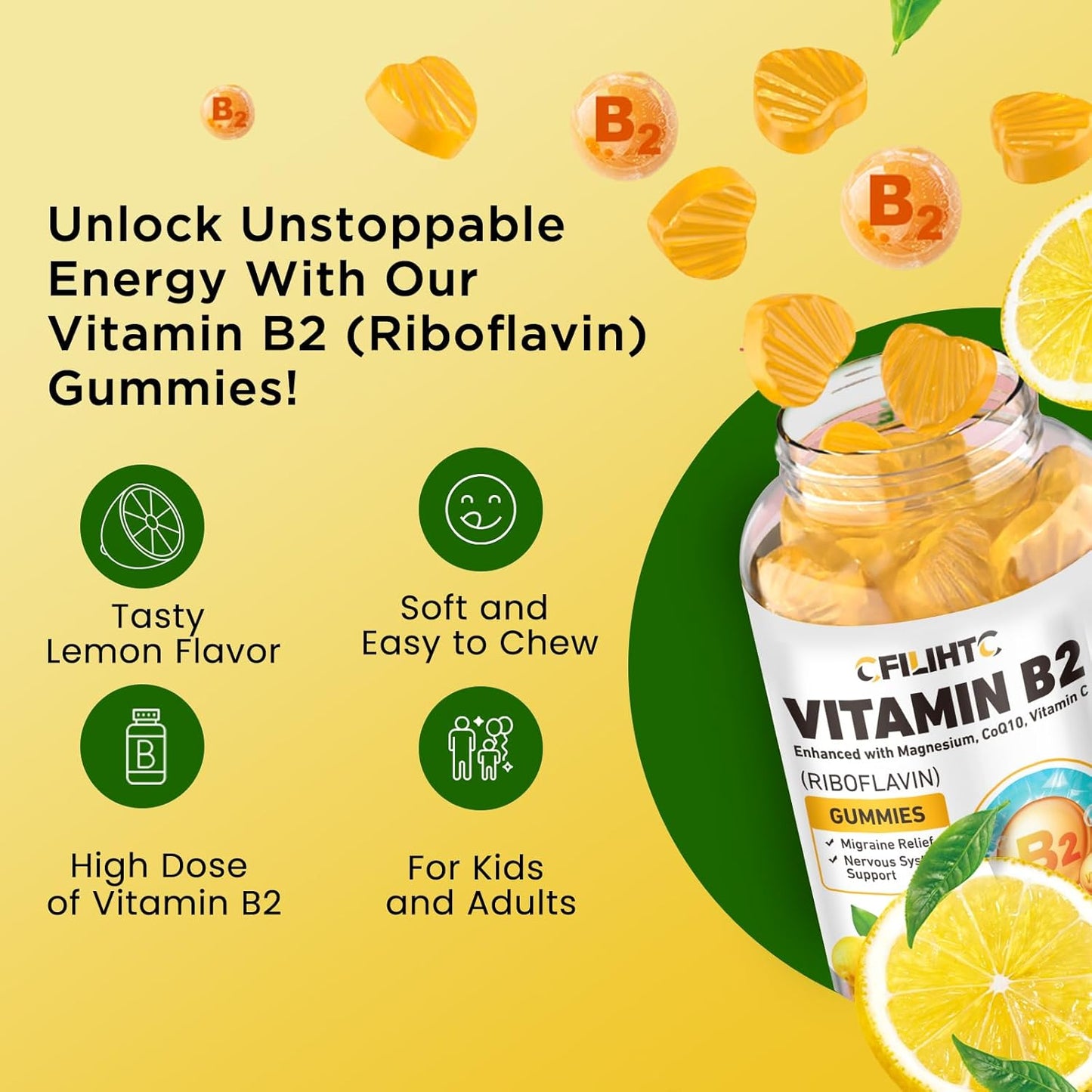 Riboflavin 400mg Gummies with Magnesium, CoQ10, and Vitamin C - Lemon Flavored Chewables for Migraine Relief and Nervous System Support, 60 Count