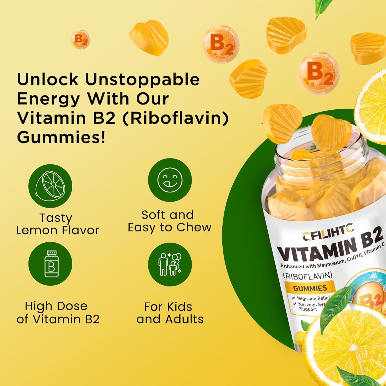 Riboflavin 400mg Gummies with Magnesium, CoQ10, and Vitamin C - Lemon Flavored Chewables for Migraine Relief and Nervous System Support, 60 Count