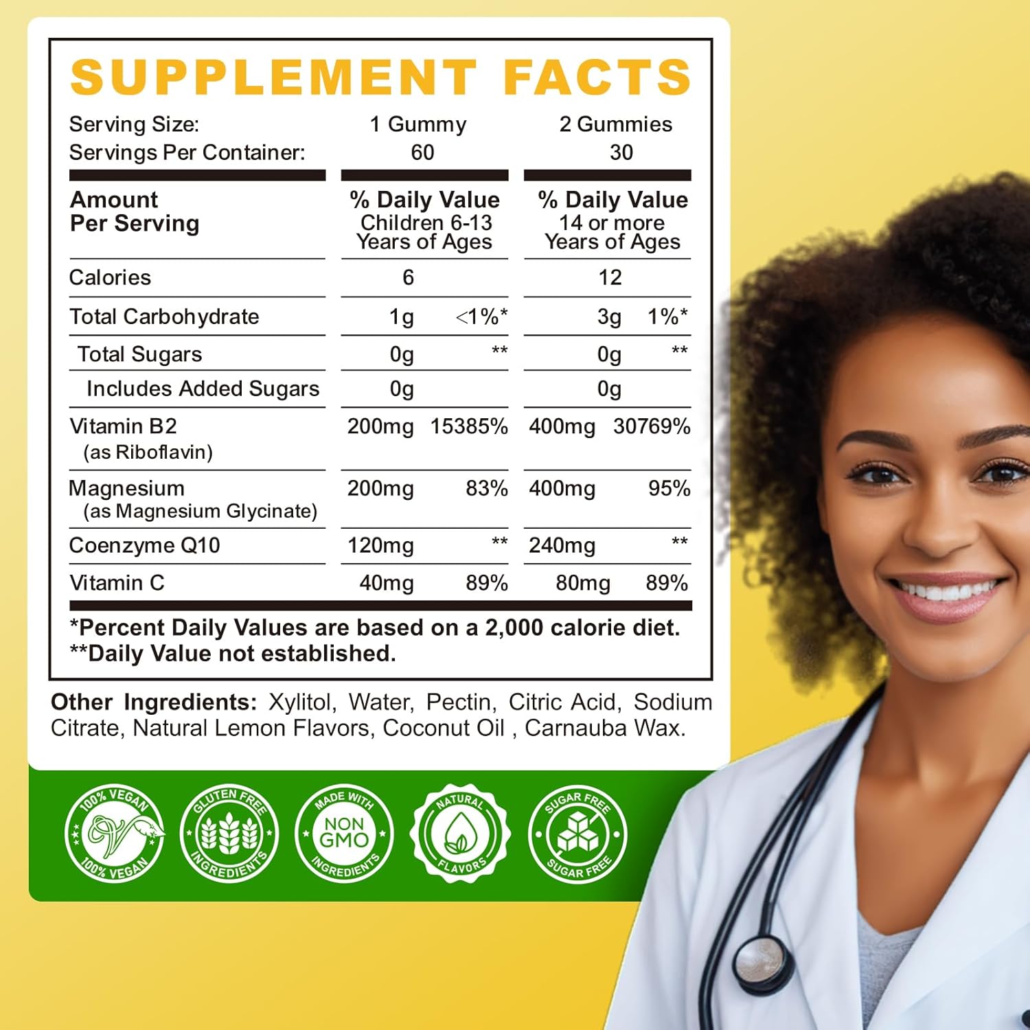 Riboflavin 400mg Gummies with Magnesium, CoQ10, and Vitamin C - Lemon Flavored Chewables for Migraine Relief and Nervous System Support, 60 Count