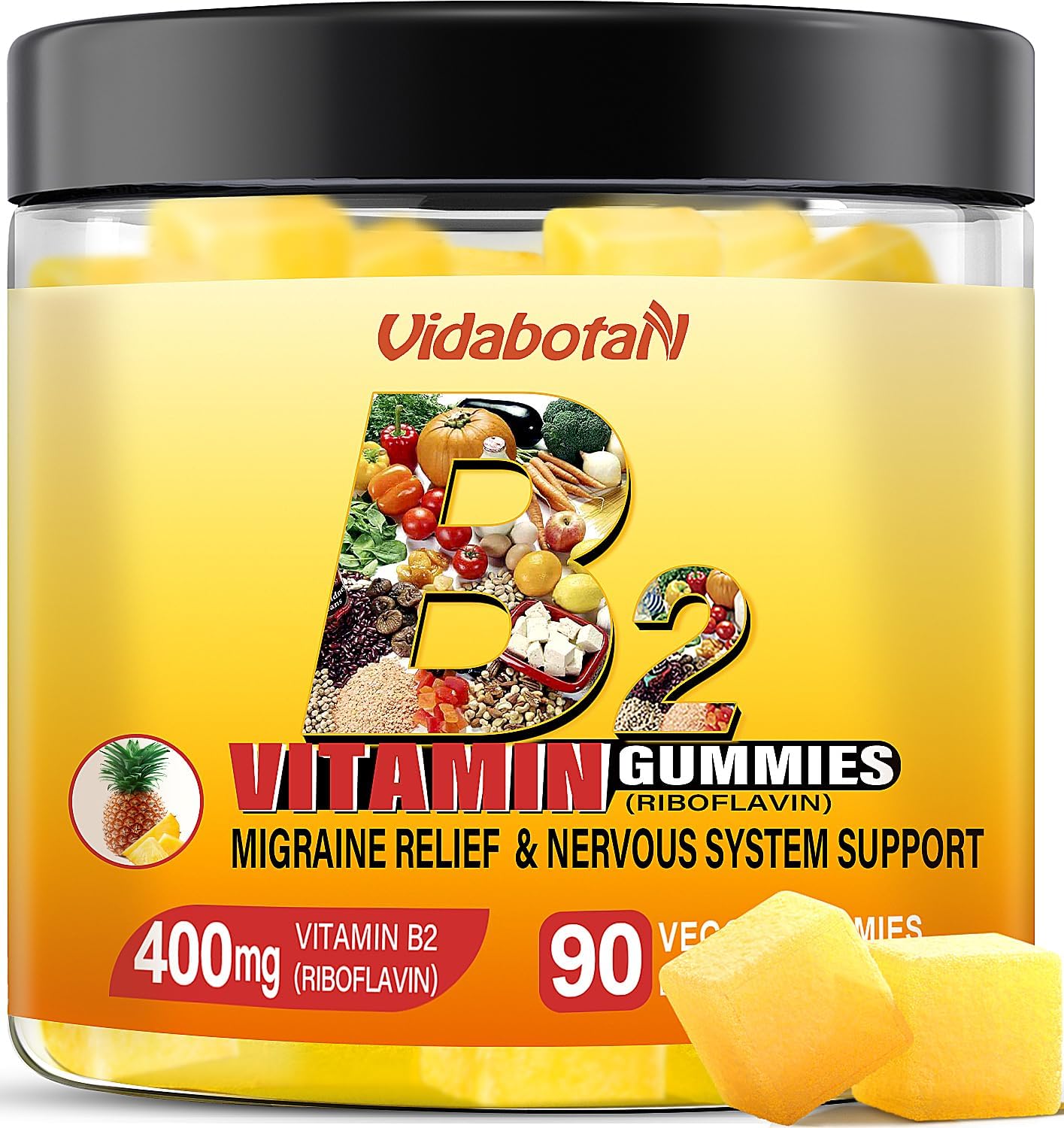 Riboflavin 400mg Gummies with Magnesium & CoQ10 for Migraine Relief - Pineapple Flavor, 90 Chewable Gummies for Kids & Adults