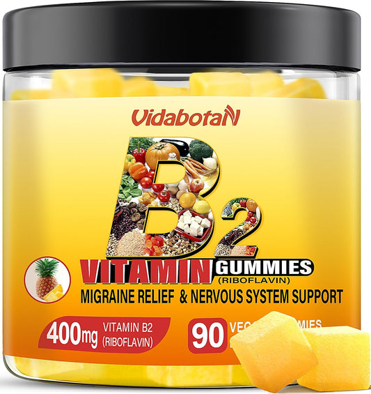 Riboflavin 400mg Gummies with Magnesium & CoQ10 for Migraine Relief - Pineapple Flavor, 90 Chewable Gummies for Kids & Adults