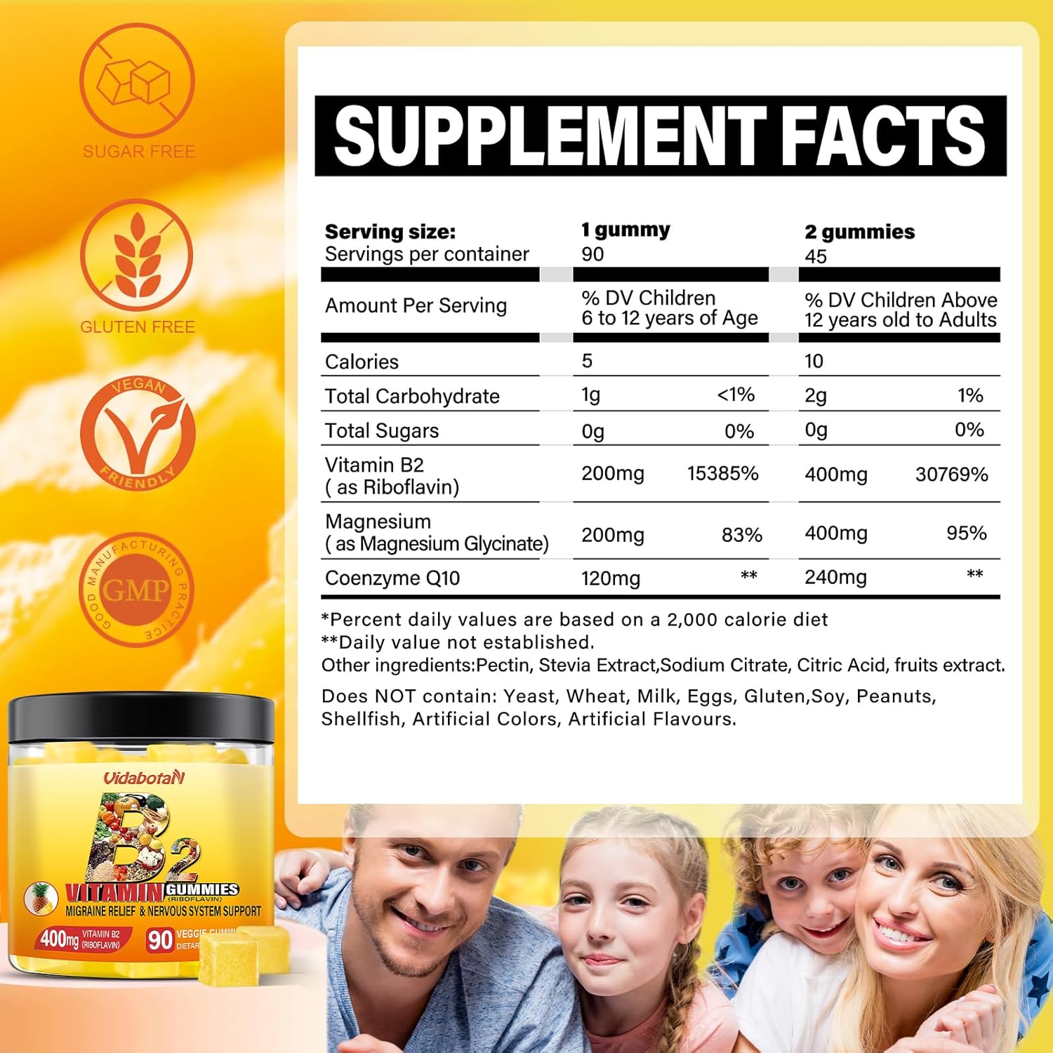 Riboflavin 400mg Gummies with Magnesium & CoQ10 for Migraine Relief - Pineapple Flavor, 90 Chewable Gummies for Kids & Adults