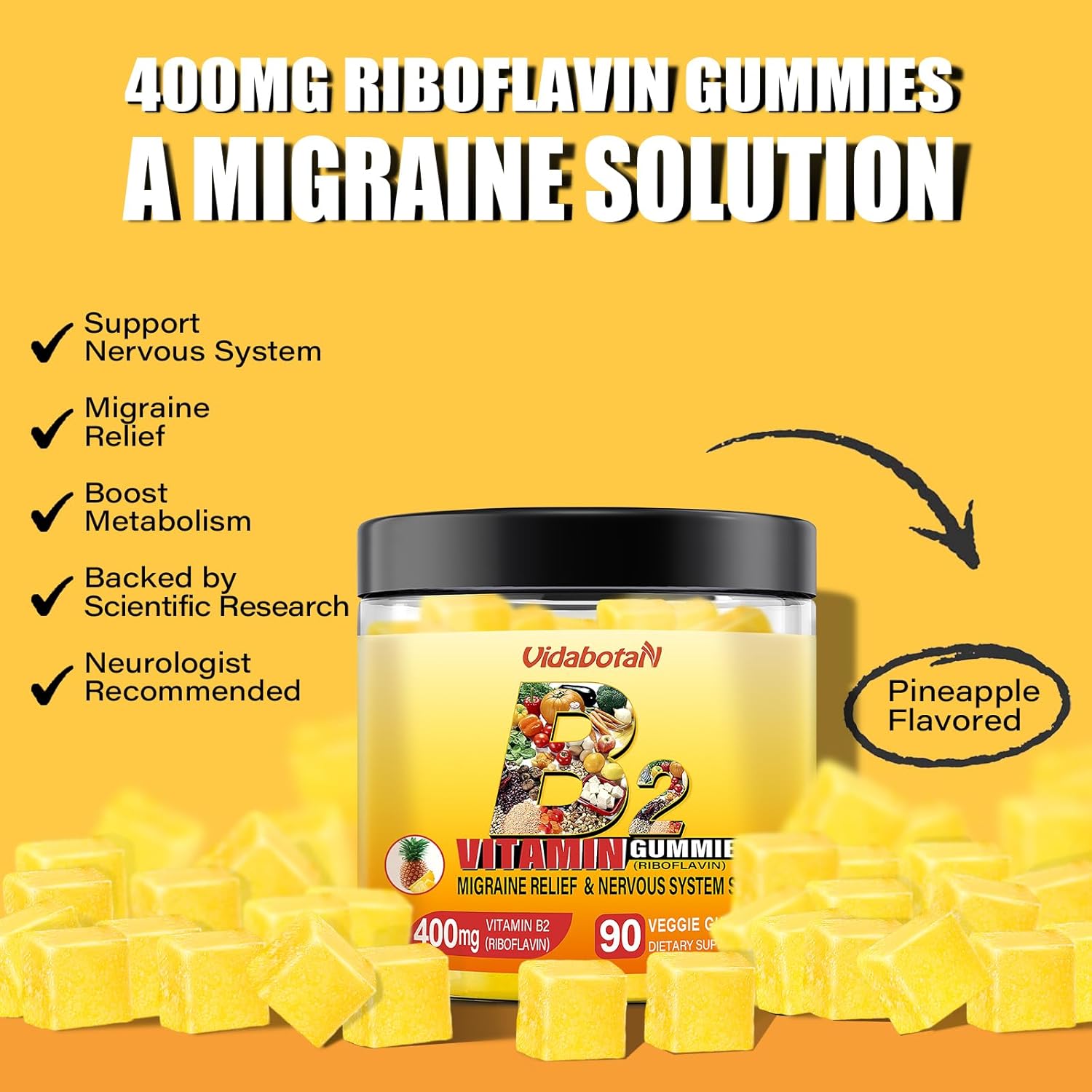 Riboflavin 400mg Gummies with Magnesium & CoQ10 for Migraine Relief - Pineapple Flavor, 90 Chewable Gummies for Kids & Adults