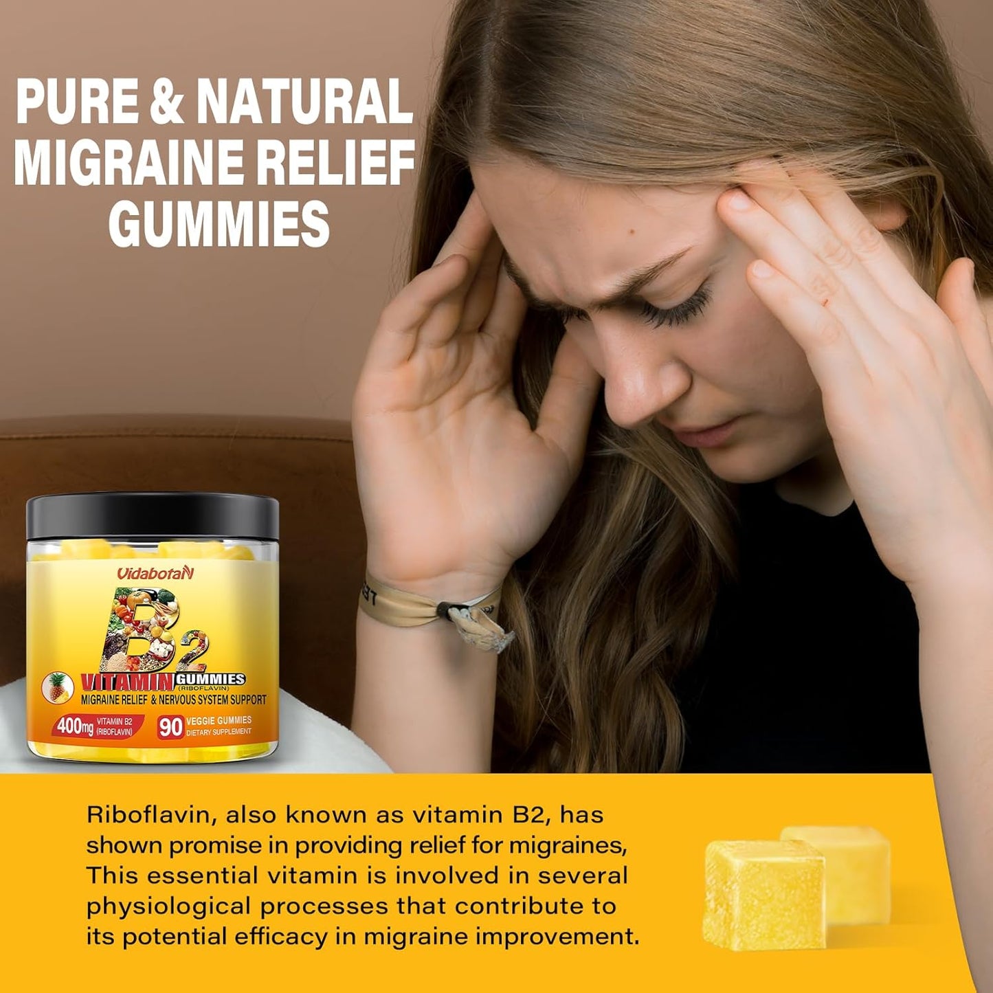 Riboflavin 400mg Gummies with Magnesium & CoQ10 for Migraine Relief - Pineapple Flavor, 90 Chewable Gummies for Kids & Adults