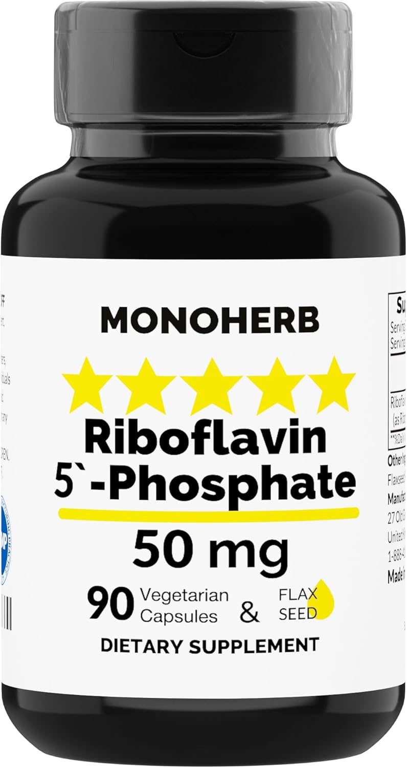 Riboflavin 5'-Phosphate 50 mg Supplement - 90 Vegetarian Capsules - Bioactive Vitamin B2 - Made in USA