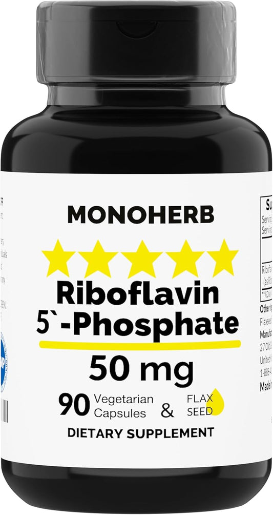 Riboflavin 5'-Phosphate 50 mg Supplement - 90 Vegetarian Capsules - Bioactive Vitamin B2 - Made in USA
